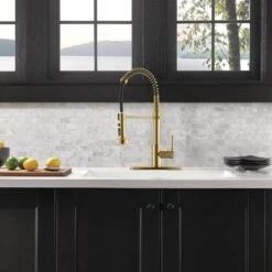 Single Handle Deck Mount Gooseneck Pull Out Sprayer Kitchen Faucet With Deckplate Included In Brushed Gold -Tahanbath brushed gold pull out kitchen faucets ct 289ng 1p kxc 31 1000