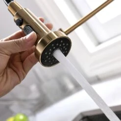 Single Handle Deck Mount Gooseneck Pull Out Sprayer Kitchen Faucet With Deckplate Included In Brushed Gold -Tahanbath brushed gold pull out kitchen faucets ct 289ng 1p kxc 44 1000