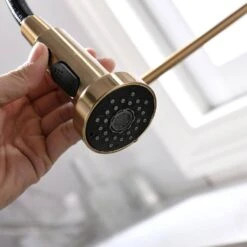 Single Handle Deck Mount Gooseneck Pull Out Sprayer Kitchen Faucet With Deckplate Included In Brushed Gold -Tahanbath brushed gold pull out kitchen faucets ct 289ng 1p kxc 4f 1000