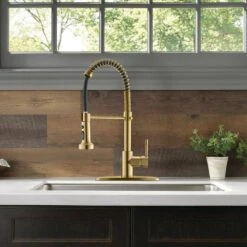 Single Handle Deck Mount Gooseneck Pull Out Sprayer Kitchen Faucet With Deckplate Included In Brushed Gold -Tahanbath brushed gold pull out kitchen faucets ct 289ng 1p kxc 76 1000