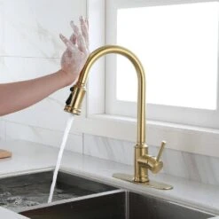 Single-Handle Touch High Arc Stainless Steel Pull Out Sprayer Kitchen Faucet In Brushed Gold -Tahanbath brushed gold pull out kitchen faucets d0102hpitdg kxc 31 1000