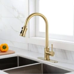 Single-Handle Touch High Arc Stainless Steel Pull Out Sprayer Kitchen Faucet In Brushed Gold -Tahanbath brushed gold pull out kitchen faucets d0102hpitdg kxc 4f 1000