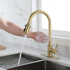 Single-Handle Touch High Arc Stainless Steel Pull Out Sprayer Kitchen Faucet In Brushed Gold -Tahanbath brushed gold pull out kitchen faucets d0102hpitdg kxc fa 1000