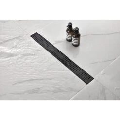 Linear Shower Drain With Removable Quadrato Pattern Grate, Included Hair Strainer And Leveling Feet -Tahanbath brushed gold shower drains z w92891586 31 1000