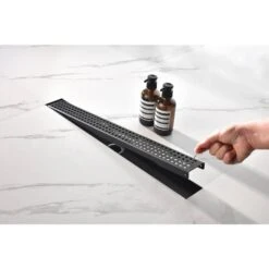 Linear Shower Drain With Removable Quadrato Pattern Grate, Included Hair Strainer And Leveling Feet -Tahanbath brushed gold shower drains z w92891586 76 1000