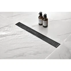 Linear Shower Drain With Removable Quadrato Pattern Grate, Included Hair Strainer And Leveling Feet -Tahanbath brushed gold shower drains z w92891586 fa 1000