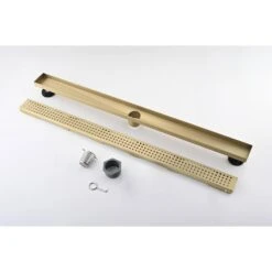 36 Inches Linear Shower Drain With Removable Quadrato Pattern Grate, Included Hair Strainer And Leveling Feet -Tahanbath brushed gold shower drains z w928p199320 4f 1000