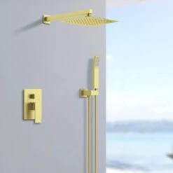 Single-Handle 2-Spray Patterns Rainfall Rectangle Dual Shower Head In Brushed Gold (Valve Included) -Tahanbath brushed gold shower faucets dr l 8003a kxc 31 1000