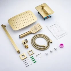 Rainfall 12 In. Square Shower Head Combo Set With Rough-in Valve Body And Trim Included In Brushed Gold 14 Rainfall 12 In. Square Shower Head Combo Set With Rough-in Valve Body And Trim Included In Brushed Gold -Tahanbath brushed gold shower faucets w1194 d97202lsj kxc 76 1000