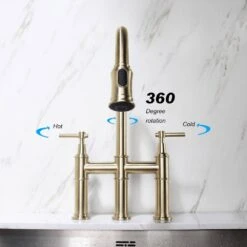 Single Handle Bridge Kitchen Faucet With Pull-Down Sprayhead In Spot In Matte Gold -Tahanbath brushed gold tahanbath bridge kitchen faucets y w92850227 4f 1000
