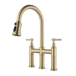 Single Handle Bridge Kitchen Faucet With Pull-Down Sprayhead In Spot In Matte Gold