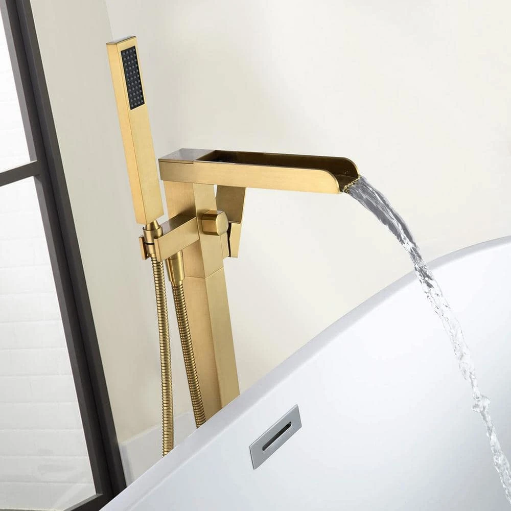 Single Handle Free Standing Waterfall Tub Filler Bathroom Tub Faucet With Handheld Shower In Brushed Gold 4 Single Handle Free Standing Waterfall Tub Filler Bathroom Tub Faucet With Handheld Shower In Brushed Gold - Image 4
