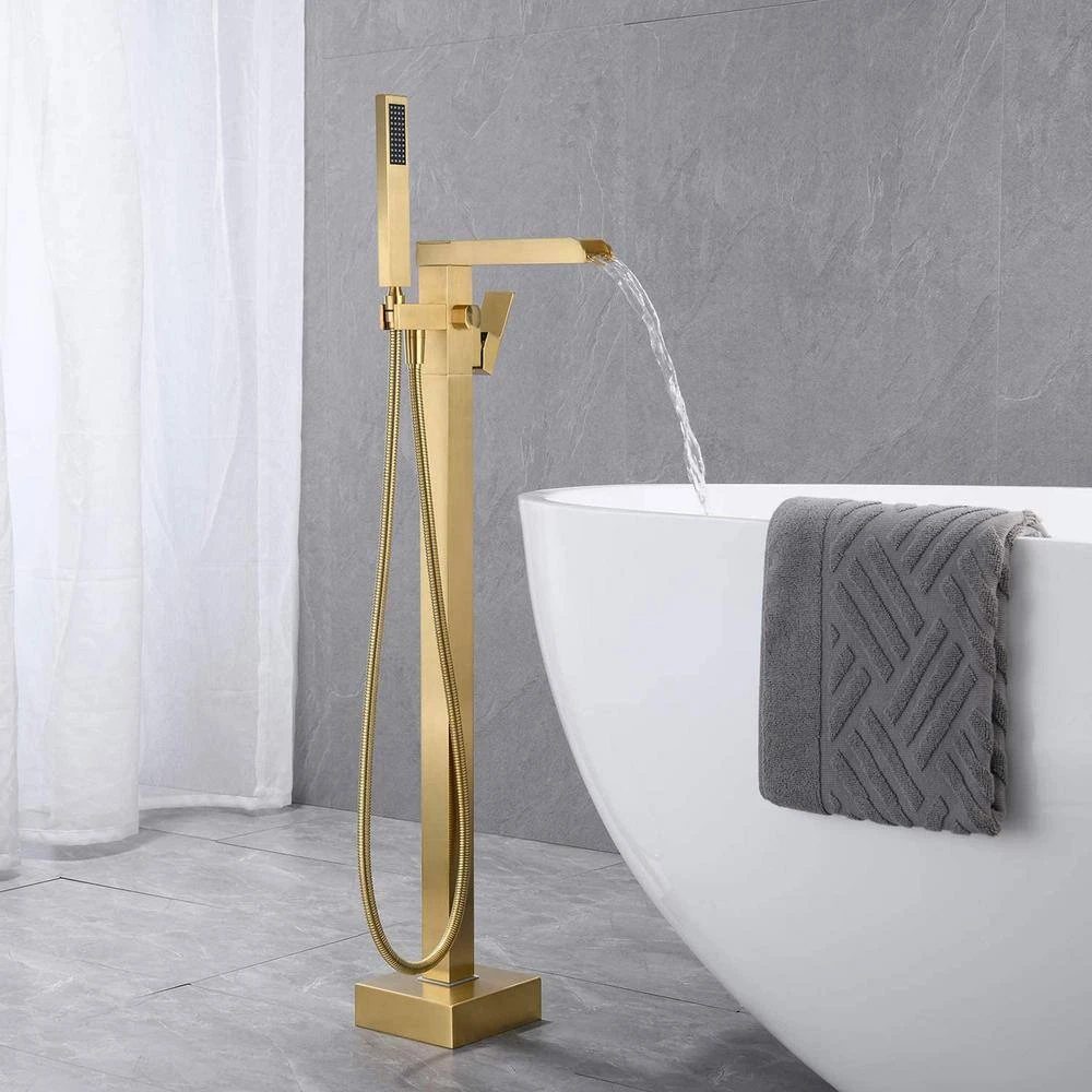 Single Handle Free Standing Waterfall Tub Filler Bathroom Tub Faucet With Handheld Shower In Brushed Gold 5 Single Handle Free Standing Waterfall Tub Filler Bathroom Tub Faucet With Handheld Shower In Brushed Gold - Image 5