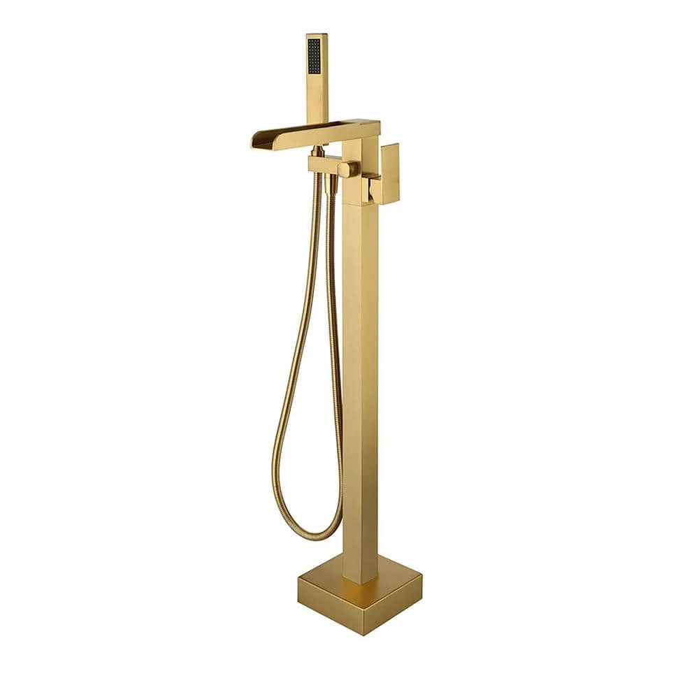 Single Handle Free Standing Waterfall Tub Filler Bathroom Tub Faucet With Handheld Shower In Brushed Gold 1 Single Handle Free Standing Waterfall Tub Filler Bathroom Tub Faucet With Handheld Shower In Brushed Gold