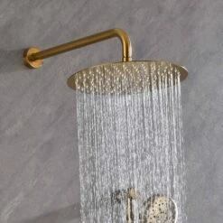 1-Spray Dual Shower System 2.5 GPM With Shower Head, Hand Shower, Slide Bar In Brushed Gold -Tahanbath brushed gold tahanbath dual shower heads y w2287 141185 31 1000