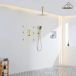 3-Spray Patterns Ceiling Mount Dual Handheld Shower Head 1.8 GPM In Brushed Gold -Tahanbath brushed gold tahanbath dual shower heads z 102009lk 3 1f 1000