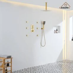 3-Spray Patterns Ceiling Mount Dual Handheld Shower Head 1.8 GPM In Brushed Gold -Tahanbath brushed gold tahanbath dual shower heads z 102009lk 3 4f 1000