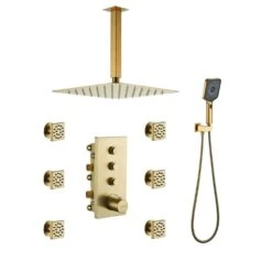 3-Spray Patterns Ceiling Mount Dual Handheld Shower Head 1.8 GPM In Brushed Gold