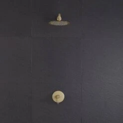 1-Spray Patterns With 1.5 GPM 10 In. Wall Mount Rain Fixed Shower Head In Brushed Gold -Tahanbath brushed gold tahanbath fixed shower heads nk0724 zq fa 1000