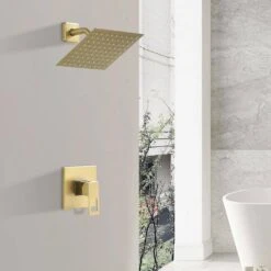 1-Spray Patterns With 1.5 GPM 8 In. Wall Mount Rain Fixed Shower Head In Brushed Gold -Tahanbath brushed gold tahanbath fixed shower heads nk0729 zq 66 1000