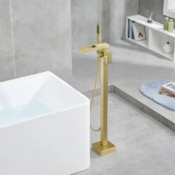 Single-Handle 2-Spray Freestanding Rectangle Handheld Shower Head 2.5 GPM In Brushed Gold -Tahanbath brushed gold tahanbath handheld shower heads z k928 84291 66 1000
