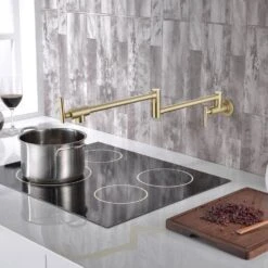 Double Handles Wall Mounted Pot Filler In Brushed Gold -Tahanbath brushed gold tahanbath pot fillers xy 601ng zq 76 1000
