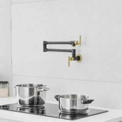 Wall Mounted Pot Filler With Cross Handle In Chrome Brushed Gold -Tahanbath brushed gold tahanbath pot fillers z1334 99bng ss 1f 1000