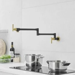 Wall Mounted Pot Filler With Cross Handle In Chrome Brushed Gold -Tahanbath brushed gold tahanbath pot fillers z1334 99bng ss 44 1000