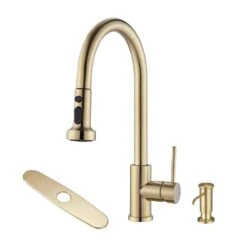 Single Handle Deck Mount Gooseneck Pull Down Sprayer Kitchen Faucet With Deckplate And Soap Dispenser In Brushed Gold