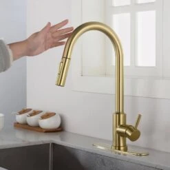 Single Handle Wall Mount Gooseneck Pull Down Sprayer Kitchen Faucet With Deckplate Included And Handle In Brushed Gold -Tahanbath brushed gold tahanbath pull down kitchen faucets w928 th9001lsj zq 76 1000