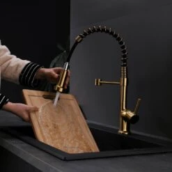 Single-Handle Pull Down Sprayer Kitchen Faucet, Modern High-Arc Pull Out Kitchen Sink Faucet In Brushed Gold -Tahanbath brushed gold tahanbath pull down kitchen faucets y xy 1135 33gb 1p 70us 44 1000