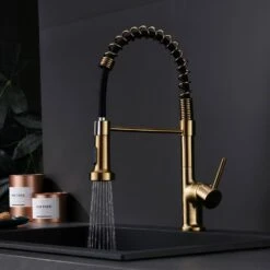 Single-Handle Pull Down Sprayer Kitchen Faucet, Modern High-Arc Pull Out Kitchen Sink Faucet In Brushed Gold -Tahanbath brushed gold tahanbath pull down kitchen faucets y xy 1135 33gb 1p 70us 4f 1000