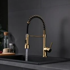 Single-Handle Pull Down Sprayer Kitchen Faucet With LED Kitchen Sink Faucet In Brushed Gold -Tahanbath brushed gold tahanbath pull down kitchen faucets y xy 1135 33gb led 3p 70us 4f 1000