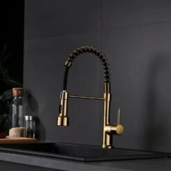 Single-Handle Pull Down Sprayer Kitchen Faucet With LED Kitchen Sink Faucet In Brushed Gold -Tahanbath brushed gold tahanbath pull down kitchen faucets y xy 1135 33gb led 3p 70us c3 1000