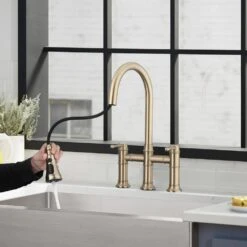 Double Handle Pull Down Sprayer Kitchen Faucet In Brushed Gold -Tahanbath brushed gold tahanbath pull down kitchen faucets z w122581052 fa 1000