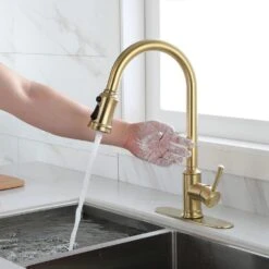 Brushed Gold 16.53 In. H Pull Down Sprayer Kitchen Faucet With 360 ° Spout Swivel -Tahanbath brushed gold tahanbath pull down kitchen faucets z w2287p182881 4f 1000