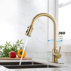 Brushed Gold 16.53 In. H Pull Down Sprayer Kitchen Faucet With 360 ° Spout Swivel -Tahanbath brushed gold tahanbath pull down kitchen faucets z w2287p182881 fa 1000