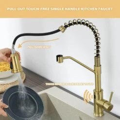 18.7 In. H Single Handle Pull Out Sprayer Kitchen Faucet With 360° Spout Swivel In Brushed Gold -Tahanbath brushed gold tahanbath pull out kitchen faucets kt ct xy33ng70us 66 1000
