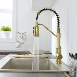 18.7 In.H Single Handle Pull Out Sprayer Kitchen Faucet In Brushed Gold With 360° Spout Swivel -Tahanbath brushed gold tahanbath pull out kitchen faucets z w1272 64936 31 1000