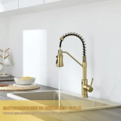 18.7 In.H Single Handle Pull Out Sprayer Kitchen Faucet In Brushed Gold With 360° Spout Swivel -Tahanbath brushed gold tahanbath pull out kitchen faucets z w1272 64936 4f 1000