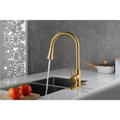 Single Handle Pull Out Sprayer Kitchen Faucet Deckplate Included InBrushed Gold -Tahanbath brushed gold tahanbath pull out kitchen faucets z w928100989 44 1000