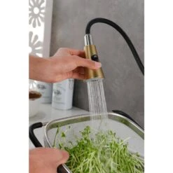 Single Handle Pull Out Sprayer Kitchen Faucet Deckplate Included InBrushed Gold -Tahanbath brushed gold tahanbath pull out kitchen faucets z w928100989 4f 1000