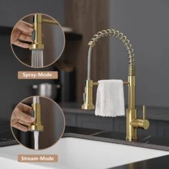 Single Handle Pull Out Sprayer Kitchen Faucet In Brushed Gold -Tahanbath brushed gold tahanbath pull out kitchen faucets z1325 33ng 4f 1000