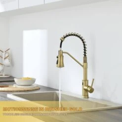 18.7 In Single Handle Pull Out Sprayer 360 Degree Spout Swivel Kitchen Faucet In Brushed Gold -Tahanbath brushed gold tahanbath pull out kitchen faucets zct xy33ng70us 4f 1000