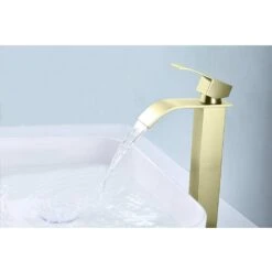 Waterfall Spout Single Handle Bathroom Sink Faucet In Brushed Gold -Tahanbath brushed gold tahanbath single hole bathroom faucets y w2287 p154604 31 1000