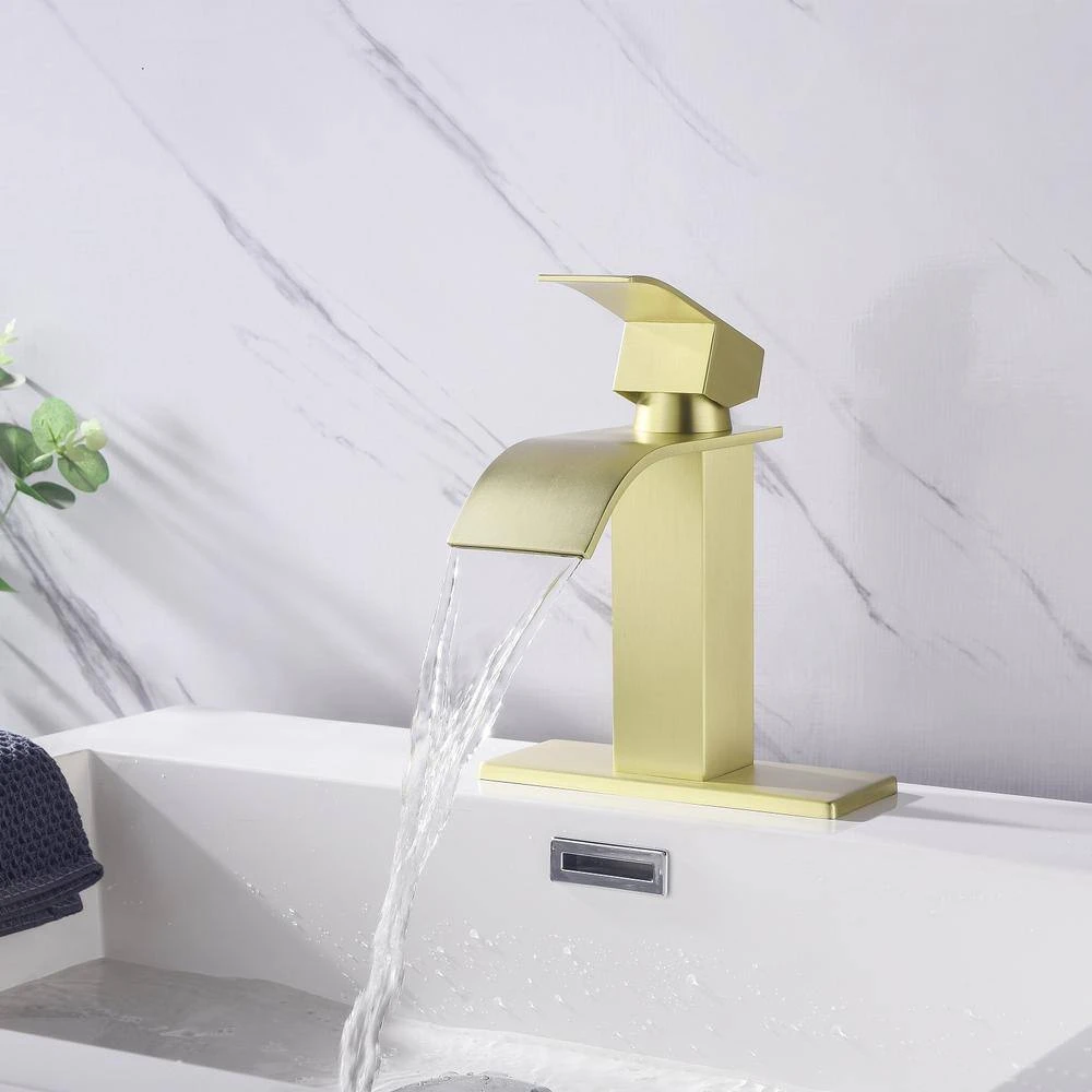 Single Hole Waterfall Spout Bathroom Faucet, Single Handle Bathroom Vanity Sink Faucet In Brushed Gold 7 Single Hole Waterfall Spout Bathroom Faucet, Single Handle Bathroom Vanity Sink Faucet In Brushed Gold - Image 7