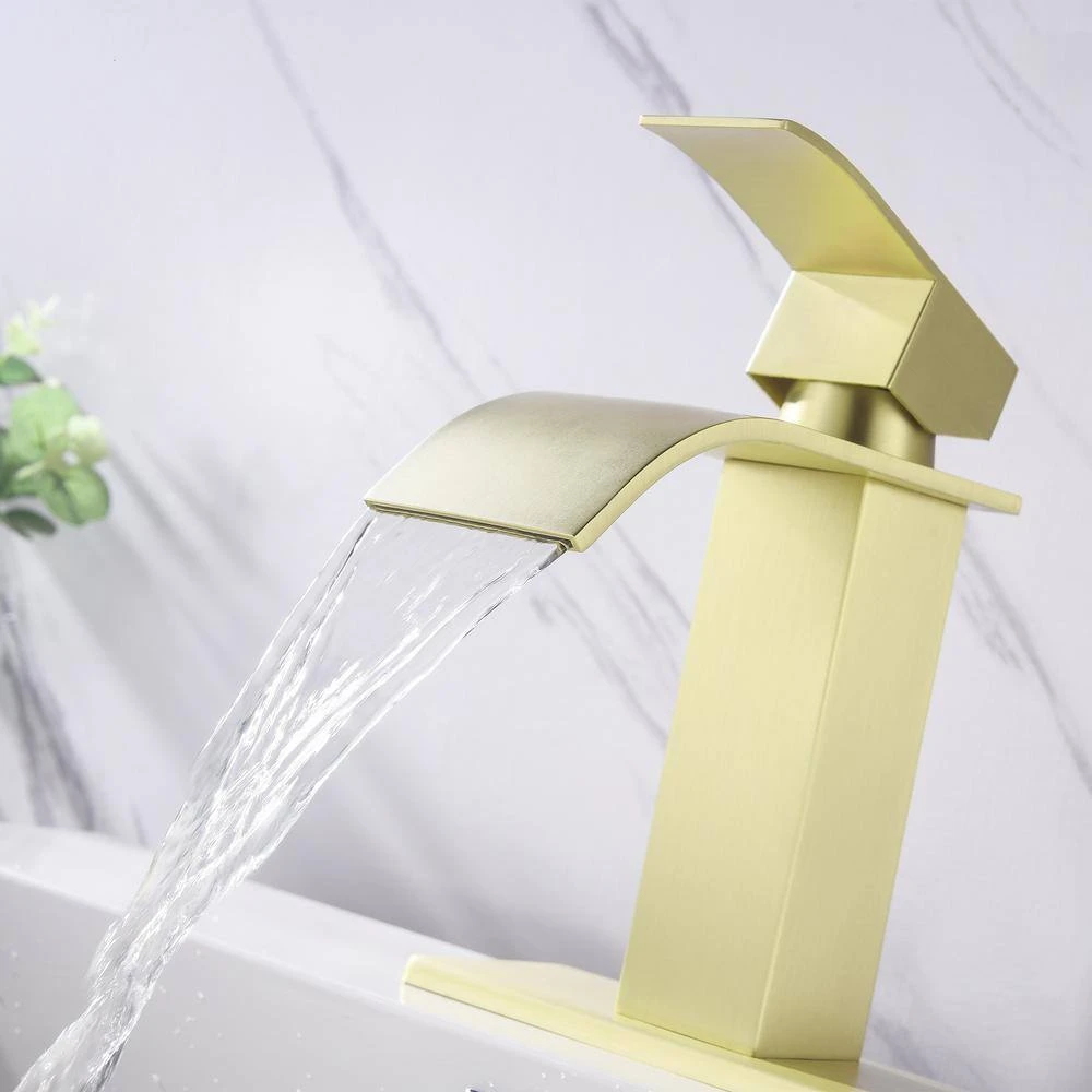 Single Hole Waterfall Spout Bathroom Faucet, Single Handle Bathroom Vanity Sink Faucet In Brushed Gold 5 Single Hole Waterfall Spout Bathroom Faucet, Single Handle Bathroom Vanity Sink Faucet In Brushed Gold - Image 5