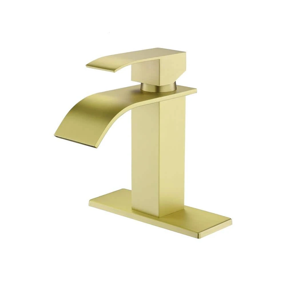 Single Hole Waterfall Spout Bathroom Faucet, Single Handle Bathroom Vanity Sink Faucet In Brushed Gold 1 Single Hole Waterfall Spout Bathroom Faucet, Single Handle Bathroom Vanity Sink Faucet In Brushed Gold