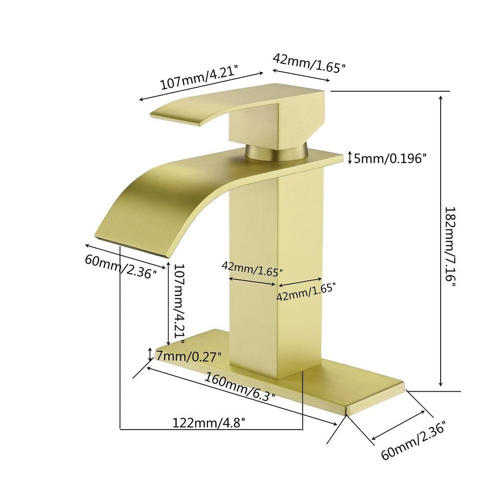 Single Hole Waterfall Spout Bathroom Faucet, Single Handle Bathroom Vanity Sink Faucet In Brushed Gold 2 Single Hole Waterfall Spout Bathroom Faucet, Single Handle Bathroom Vanity Sink Faucet In Brushed Gold - Image 2