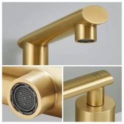 Stylish Brushed Gold Lavatory Double Handle Faucet: 3-Hole, Low-Arch, With Metal Pop-Up Drain And Water Lines -Tahanbath brushed gold tahanbath single hole bathroom faucets z t3177p277503 1f 1000